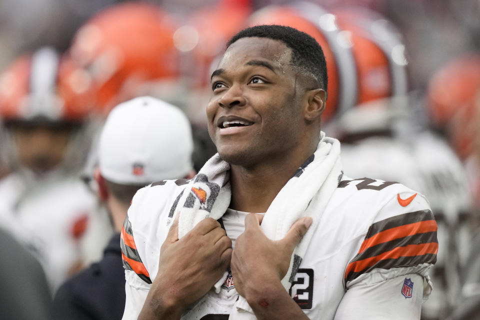 Cleveland Browns wide receiver Amari Cooper stands on the sideline during the second half of an NFL football game against the Houston Texans, Sunday, Dec. 24, 2023, in Houston. (AP Photo/David J. Phillip)