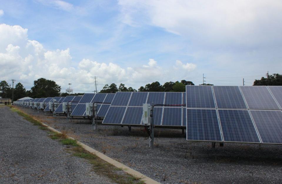 Rows of solar panels generate electricity at the University of Louisiana-Lafayette’s solar research lab, Aug. 9, 2021.