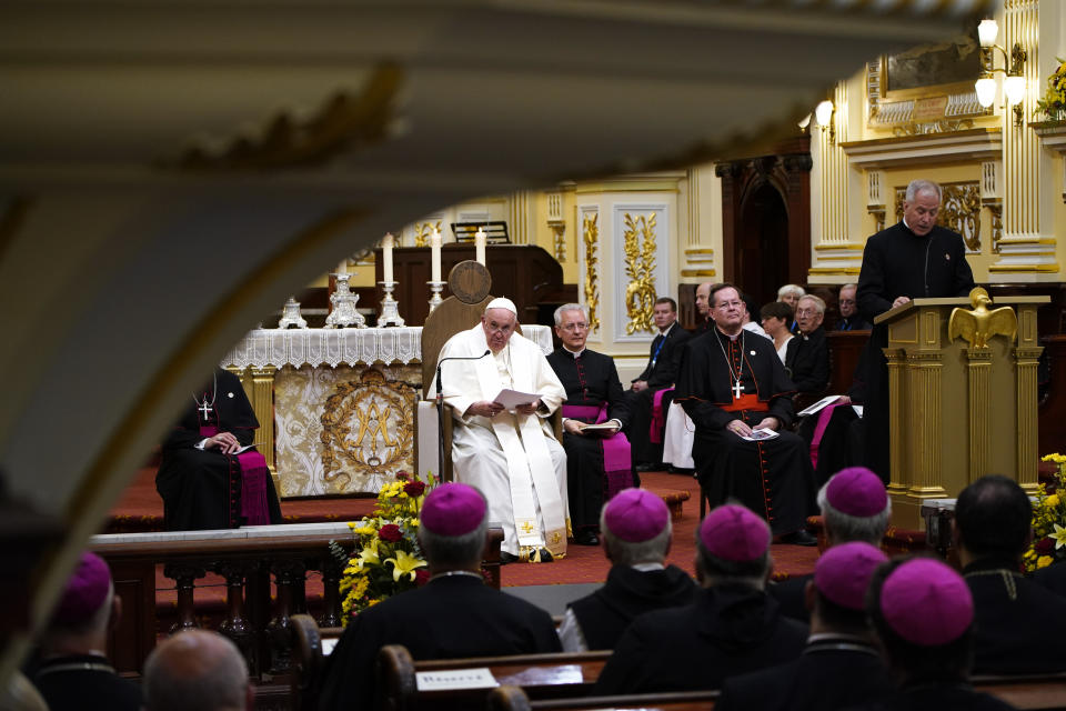 Pope Francis presides over a Vespers service at the Cathedral-Basilica of Notre Dame de Quebec, Thursday, July 28, 2022, in Quebec City, Quebec. Pope Francis is on a "penitential" six-day visit to Canada to beg forgiveness from survivors of the country's residential schools, where Catholic missionaries contributed to the "cultural genocide" of generations of Indigenous children by trying to stamp out their languages, cultures and traditions. (AP Photo/John Locher)