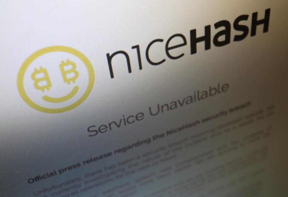 A notice announcing that service is unavailable is displayed on the website of Slovenian cryptocurrency mining firm NiceHash, which said it had suffered a hack of its Bitcoin wallet, in photo illustration December 7, 2017. REUTERS/Chris Helgren