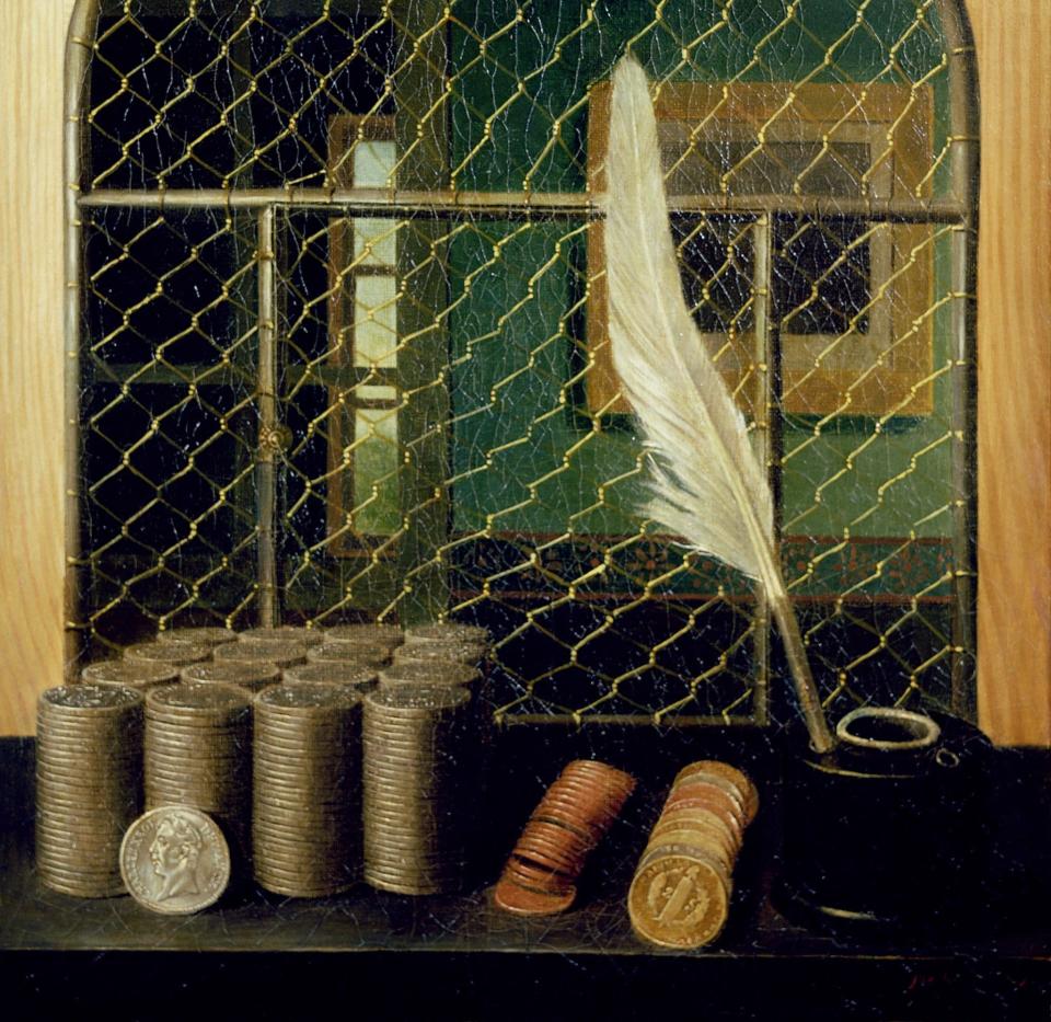 A cashier's counter, painted by the French artist Gabriel-Germain Joncherie (1829)