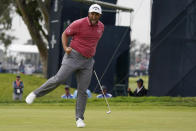 Jon Rahm, of Spain, reacts to his putt on the 17th green during the final round of the U.S. Open Golf Championship, Sunday, June 20, 2021, at Torrey Pines Golf Course in San Diego. (AP Photo/Marcio Jose Sanchez)