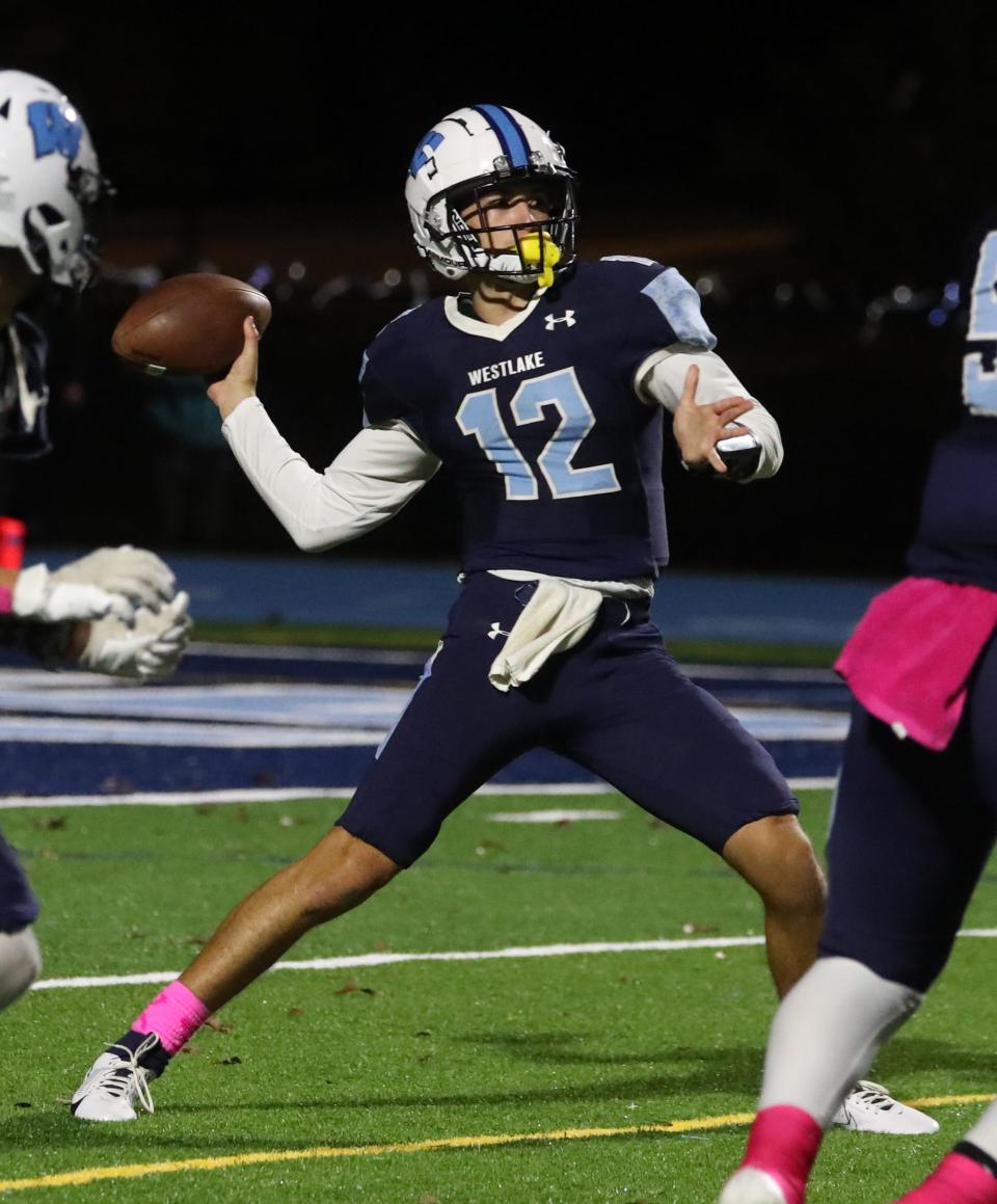 Westlake's Michael Pagan passes during a game with Dobbs Ferfy at Westlake Oct. 13, 2023. Westlake won 8-0.