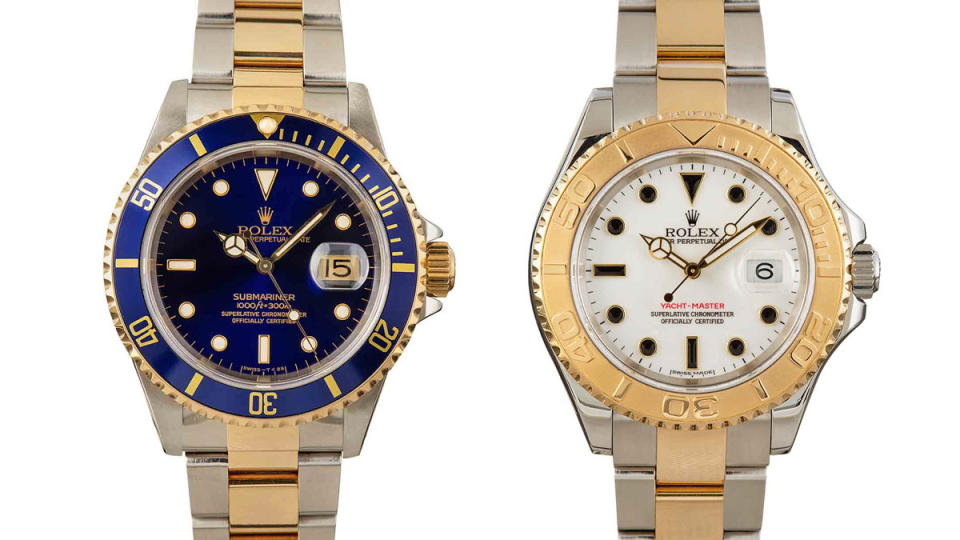 A Submariner "Blusey" on the left with a Yacht-Master on the right, with older models of both considered neo-vintage already.