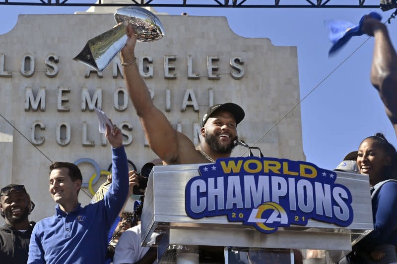 Los Angeles Rams defensive tackle Aaron Donald won a Super Bowl in 2022. File Photo by Jim Ruymen/UPI