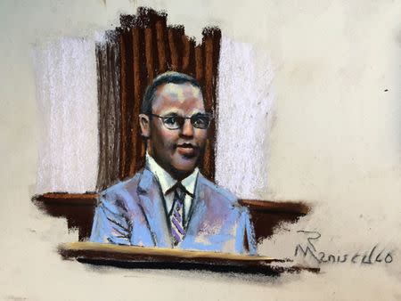 State senator Kylon Middleton testifies in this court sketch at the trial of Dylann Roof, who is facing the death penalty for the hate-fueled killings of nine black churchgoers in Charleston, South Carolina, U.S., January 4, 2017. REUTERS/ Robert Maniscalco