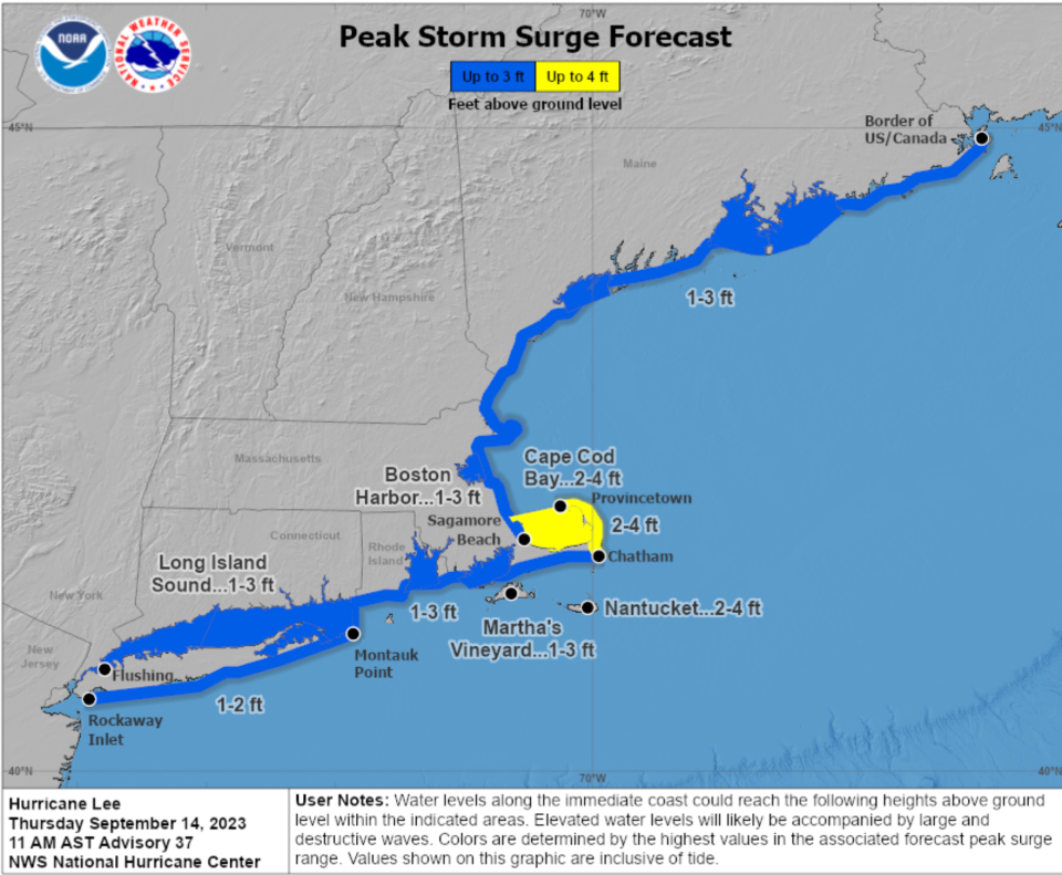 Peak storm surge forecast for Hurricane Lee on Thursday, September 14 (NOAA)