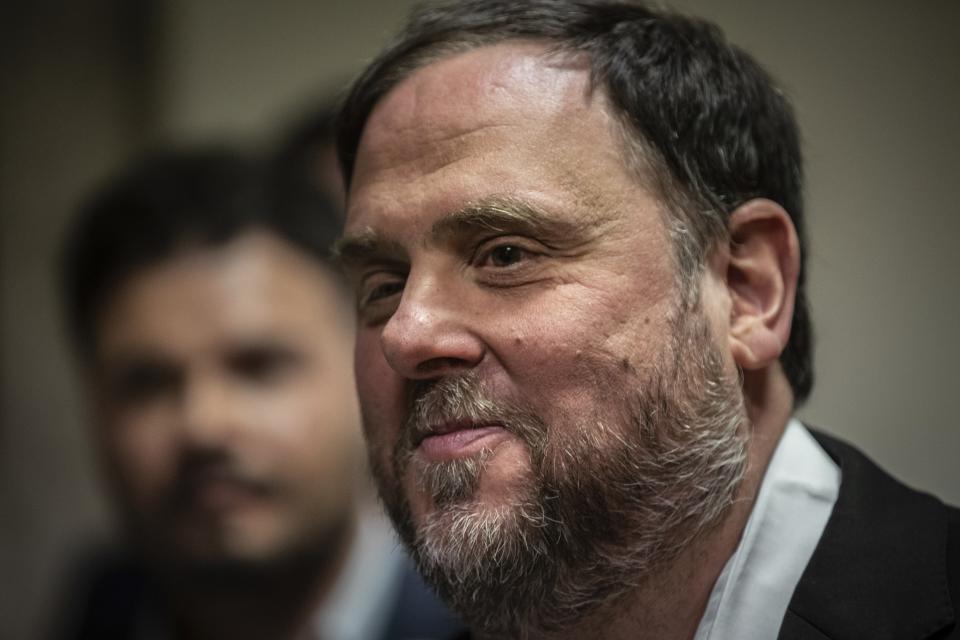 The leader of the Catalonian ERC party Oriol Junqueras leaves after collecting his credentials at the Spanish parliament in Madrid, Spain, Monday, May 20, 2019. Junqueras and three other high-profile separatists won seats in the Lower Chamber, while Raul Romeva won a seat in the Senate. The five, along with other defendants, are being held in pre-trial jail. They face several years in prison if found guilty of rebellion. (AP Photo/Bernat Armangue)