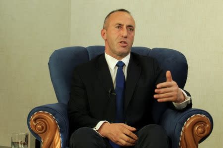 FILE PHOTO: Kosovo's Prime Minister Ramush Haradinaj talks during an interview with Reuters in Pristina, Kosovo, October 16, 2017. REUTERS/Hazir reka