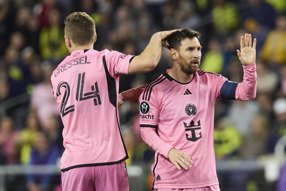 NASHVILLE, TENNESSEE - MARCH 07: Lionel Messi #10 and Julian Gressel #24 of Inter Miami celebrate after a goal during the match against the Nashville SC at GEODIS Park on March 07, 2024 in Nashville, Tennessee. (Photo by Johnnie Izquierdo/Getty Images)