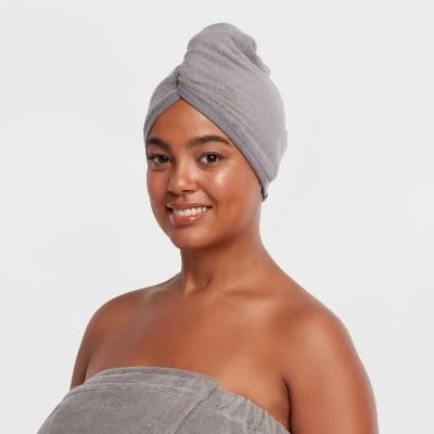 Model wearing the hair towel