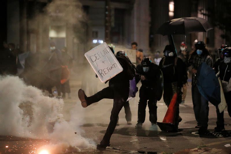 Demonstrators take part in a protest in Rochester, New York