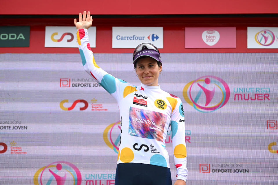 MIRADOR DE PEAS LLANAS SPAIN  MAY 05 Elise Chabbey of Switzerland and Team CanyonSRAM Racing  Polka Dot Mountain Jersey celebrates at podium during the 9th La Vuelta Femenina 2023 Stage 5 a 1292km stage from La Cabrera to Mirador de Peas Llanas 1479m  UCIWWT  on May 05 2023 in Mirador de Peas Llanas Spain Photo by Dario BelingheriGetty Images