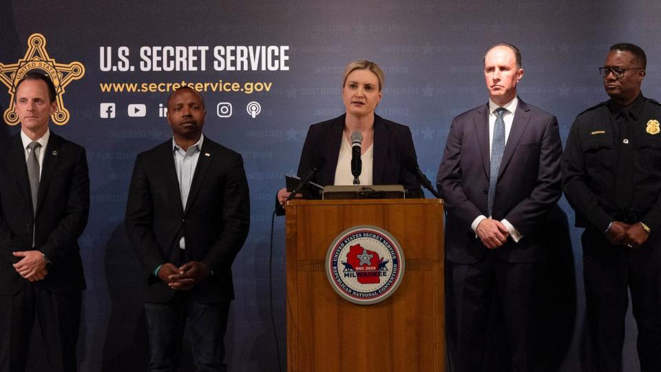 PHOTO: Audrey Gibson-Cicchino, the Secret Service's Republican National Convention coordinator, center, speaks during a news conference in Milwaukee, July 14, 2024.  (Jae C. Hong/AP)