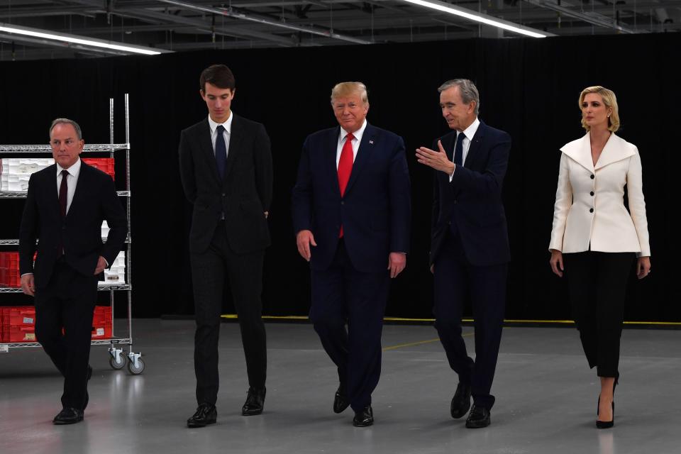 Louis Vuitton CEO Michael Burke, Jared Kushner, and Ivanka Trump joined President Trump and Arnault at the opening of Louis Vuitton Rochambeau Ranch.