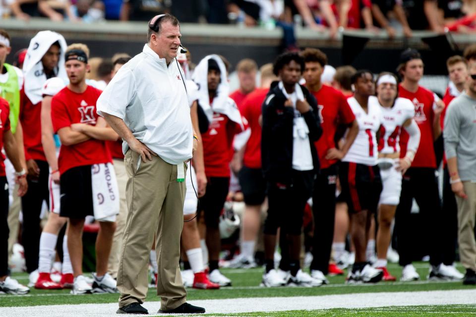 Miami Redhawks head coach Chuck Martin looks on in the first half of the NCAA football game between the Cincinnati Bearcats and the Miami Redhawks on Saturday, Sept. 4, 2021, at Nippert Stadium in Cincinnati.