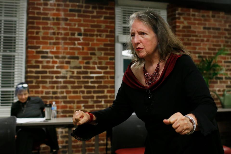 Wanda O'Callaghan performs during a rehearsal for The Vagina Monologues at the UGA School of Social Work in Athens, Ga., on Tuesday, Feb. 7, 2023. The Vagina Monologues will be held at the Unitarian Universalist Fellowship of Athens on Feb. 16, 17 and 18, and proceeds will go ti benefit The Cottage sexual assault center & children's advocacy center.