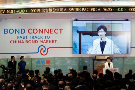 Hong Kong Chief Executive Carrie Lam speaks at the opening ceremony of Bond Connect at Hong Kong Exchanges in Hong Kong, China July 3, 2017. REUTERS/Bobby Yip