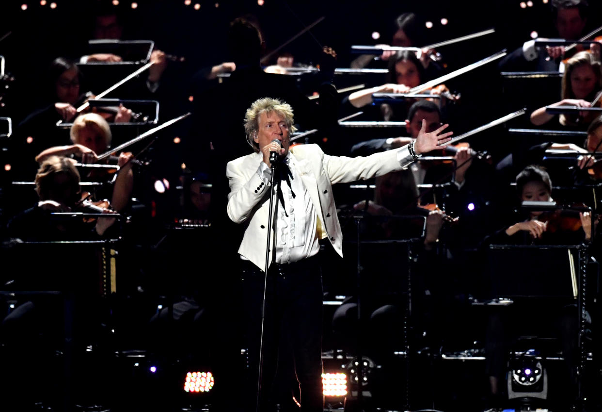 Rod Stewart on stage at the Brit Awards 2020 at the O2 Arena, London