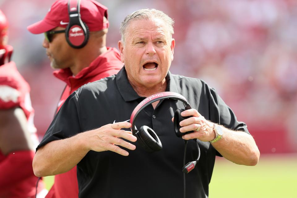 Arkansas coach Sam Pittman reacts on the sideline during this team's game against Mississippi State at Donald W. Reynolds Razorback Stadium.