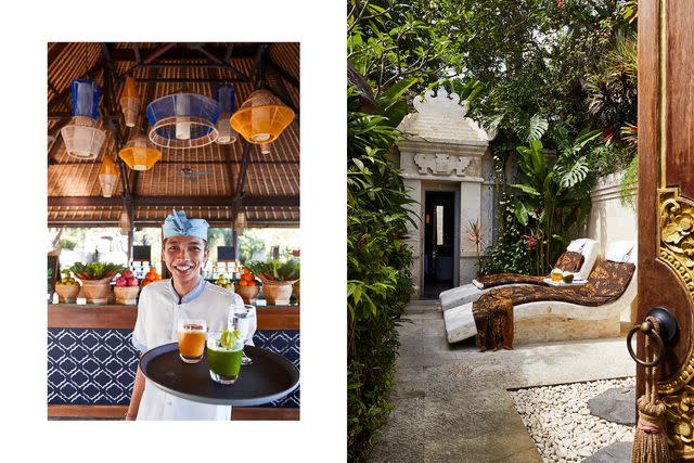 <p>Armelle Habib</p> From left: Fresh juices at Taman Wantilan, a new restaurant at Four Seasons Resort Bali at Jimbaran Bay; looking in on the Four Seasonsâ€™ Healing Village Spa.