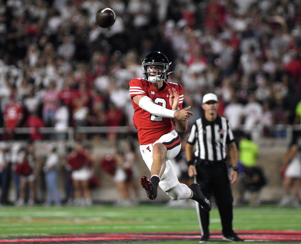 Texas Tech's quarterback Behren Morton (2) throws the ball against Tartleton State in a non-conference football game, Saturday, Sept. 16, 2023, at Jones AT&T Stadium.