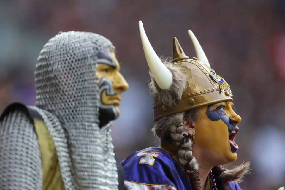 LONDON, ENGLAND – OCTOBER 02: Fans of Minnesota Vikings and New Orleans Saints during the NFL match between Minnesota Vikings and New Orleans Saints at Tottenham Hotspur Stadium on October 02, 2022 in London, England. (Photo by Catherine Ivill/Getty Images)