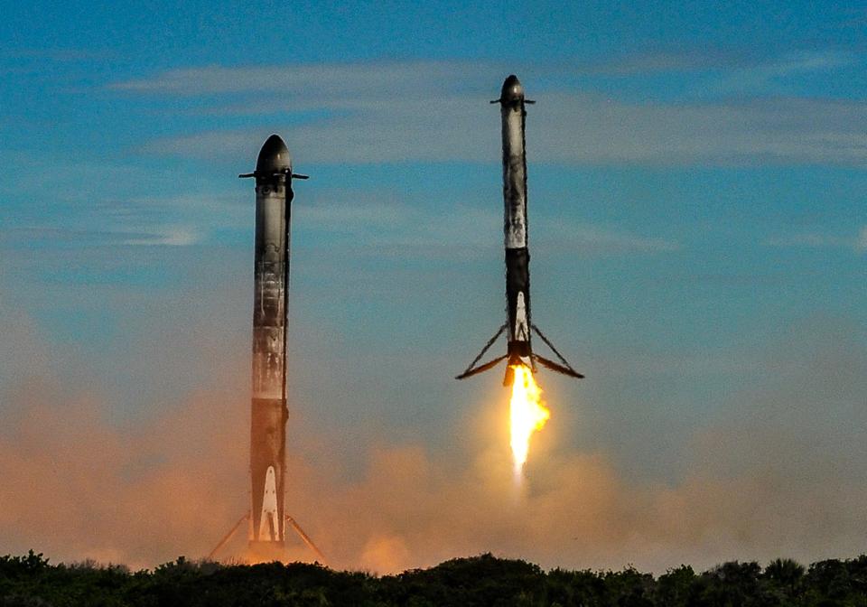 The side boosters from A SpaceX Falcon Heavy rocket come in for landing at Cape Canaveral Space Force Station after helping boost the GOES-U satellite to orbit for the National Oceanic and Atmospheric Administration Tuesday, June 25, 2024. Craig Bailey/FLORIDA TODAY via USA TODAY NETWORK