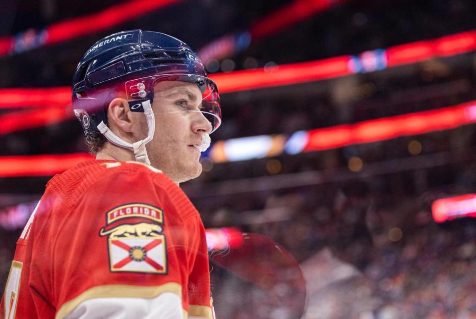 Florida Panthers left wing Matthew Tkachuk (19) looks on during the first period of an NHL game against the Los Angeles Kings at the FLA Live Arena on Friday, Jan. 27, 2023, in Sunrise, Fla.