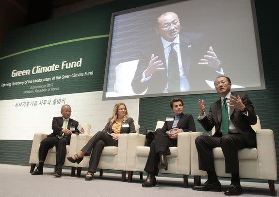 Jim Yong Kim, Hyun Oh-seok, Christiana Figueres, Hela Cheikhrouhou, speak during an opening ceremony of the headquarters of Green Climate Fund in Songdo, South Korea in 2015.