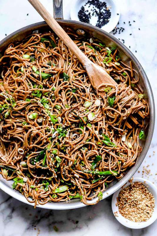 <p>This Japanese sesame soba noodles recipe makes a simple Asian side dish or easy main meal that can be served hot or cold, and is on the table in 20 minutes or less.</p><p><strong>Get the recipe: <em><a href="https://www.foodiecrush.com/sesame-soba-noodles/" rel="nofollow noopener" target="_blank" data-ylk="slk:Sesame Soba Noodles;elm:context_link;itc:0;sec:content-canvas" class="link rapid-noclick-resp">Sesame Soba Noodles</a></em></strong></p>