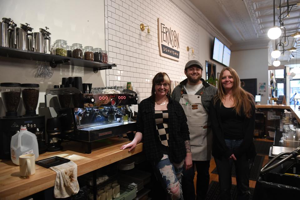 (Left to right) Fernson barista Jayden Leisinger, Noah Adams and Hannah Kilen pose by the coffee station on Saturday, Feb. 3, 2024 at Fernson Brewing Company in Sioux Falls.