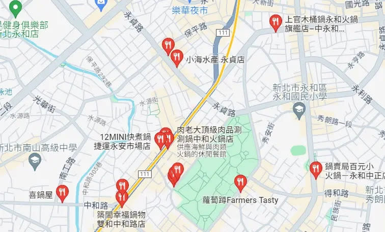 ▲野人火鍋中和店鄰近捷運永安市場站，周圍有超過10家火鍋店，可說是火鍋一級戰區。（圖／翻攝自Google地圖）