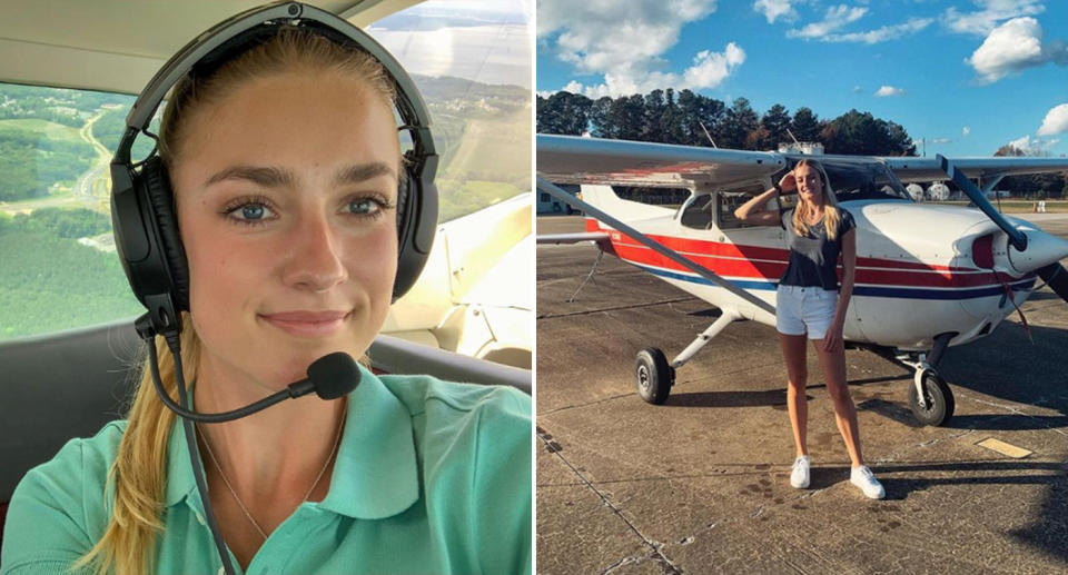 Ms Ljungman, a flight instructor, standing in front of a plane and in the cockpit.