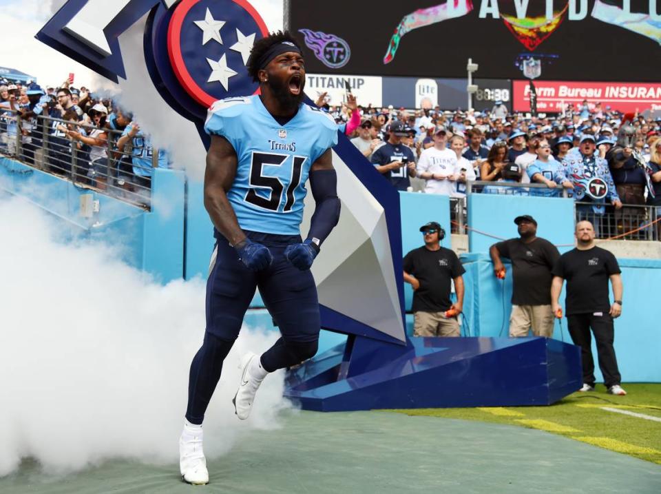 Sep 25, 2022; Nashville, Tennessee, USA; Tennessee Titans linebacker David Long Jr. (51) takes the field before the game against the Las Vegas Raiders at Nissan Stadium. Mandatory Credit: Christopher Hanewinckel-USA TODAY Sports