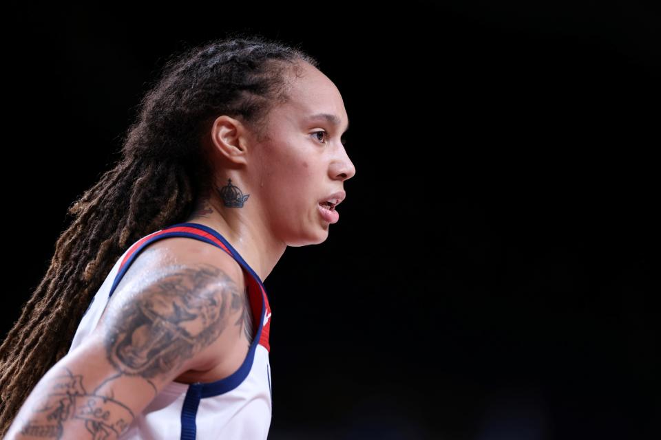 In this file photo taken on August 06, 2021 USA's Brittney Griner looks on during the women's semi-final basketball match between USA and Serbia during the Tokyo 2020 Olympic Games at the Saitama Super Arena in Saitama.