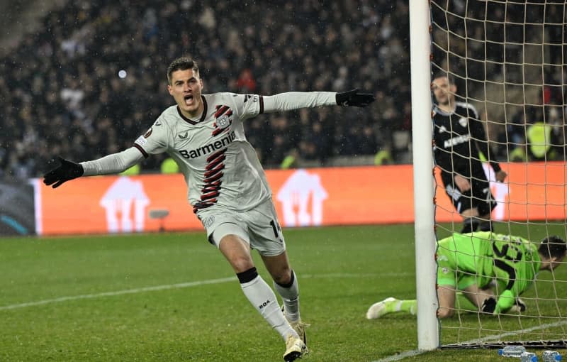 Leverkusen's Patrik Schick celebrates scoring his side's second goal during the UEFA Europa League round of 16 first leg soccer match between FK Karabakh Agdam and Bayer Leverkusen at Tofiq Bahramov Stadium. Federico Gambarini/dpa