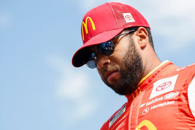 Bubba Wallace is pictured before the race in which he collided with another driver and was suspended for a dangerous maneuver. (Photo: Sean Gardner via Getty Images)