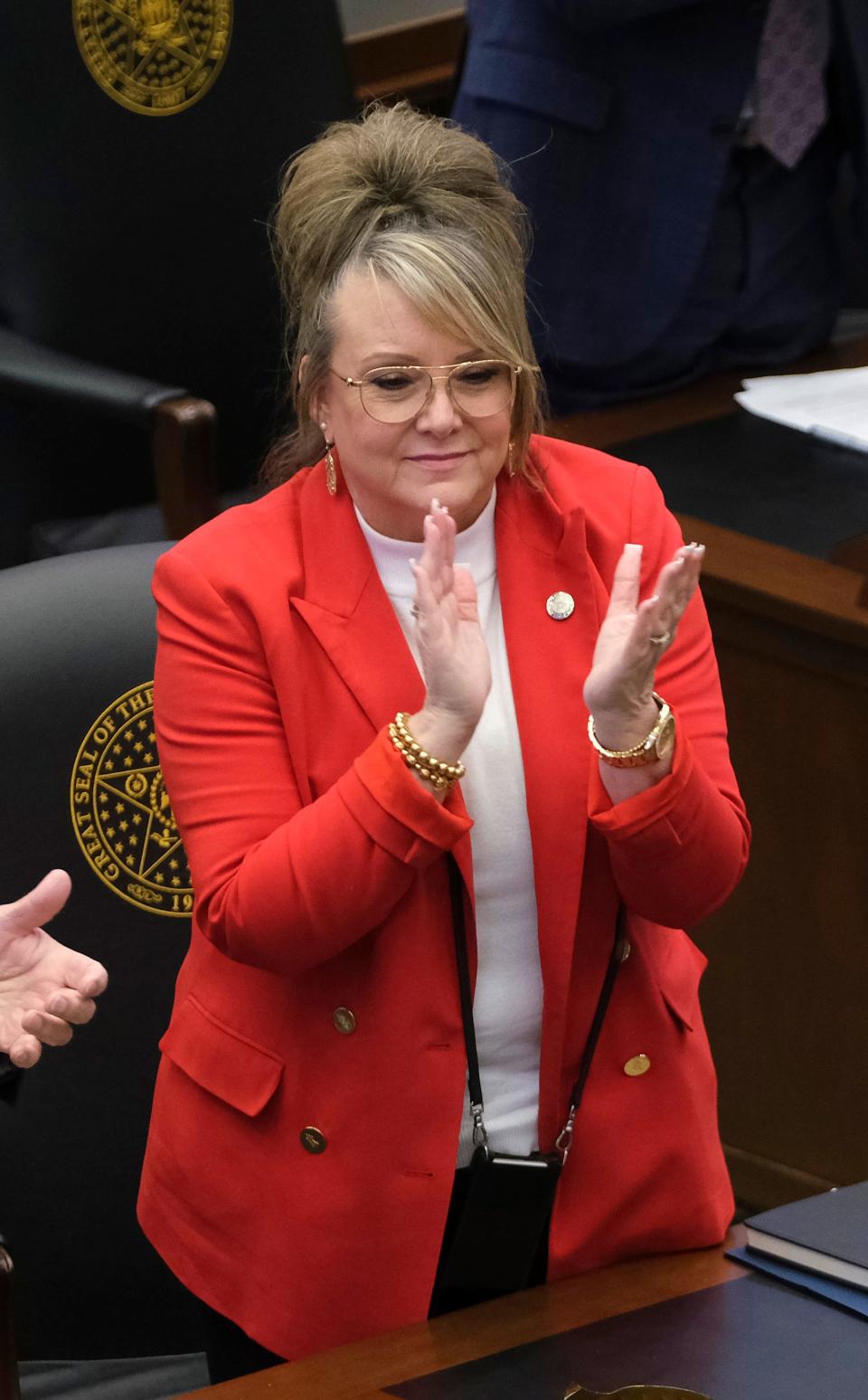 Rep. Sherrie Conley, R-Newcastle, is shown on the third day of the 2023 legislative session in the House of Representatives at the Oklahoma Capitol.