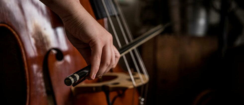 Jeu d'archet sur les cordes d'une contrebasse, une musicienne pratique la musique dans sa chambre.  - Credit:KARINE PERON LE OUAY / Hans Lucas / Hans Lucas via AFP