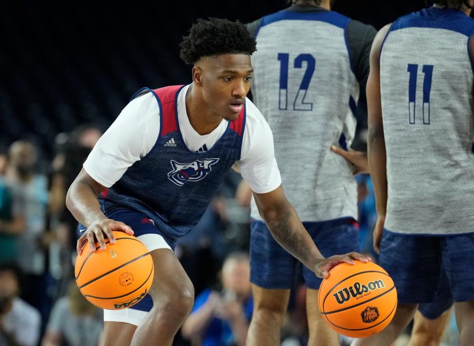 Mar 31, 2023; Houston, TX, USA; Florida Atlantic Owls guard Brandon Weatherspoon (23) during a practice session the day before the Final Four of the 2023 NCAA Tournament at NRG Stadium. Mandatory Credit: Robert Deutsch-USA TODAY Sports