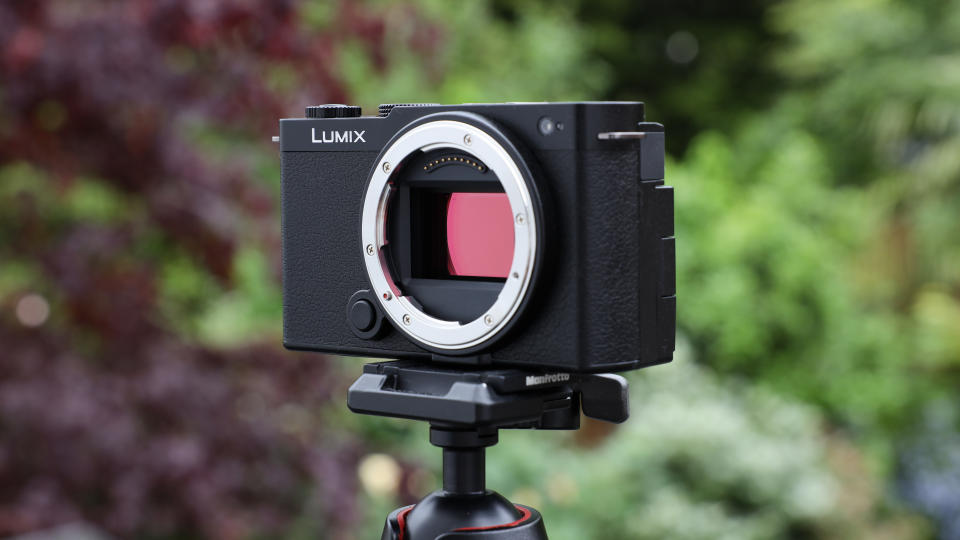 Panasonic Lumix S9 camera on a tripod outside in front a green bush