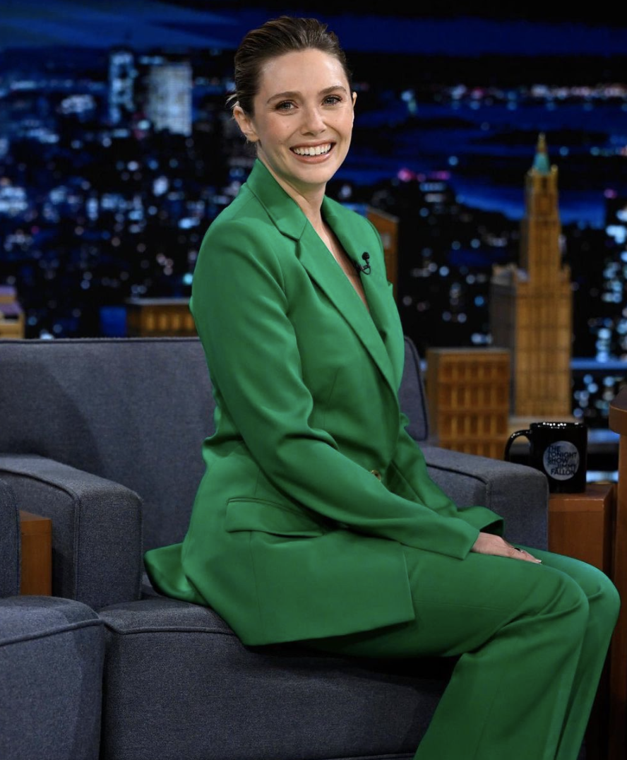 Yes, we're simping for Elizabeth Olsen and that green power suit. (Photo: Elizabeth Olsen's Instagram)