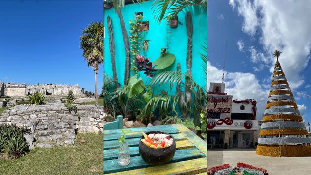 From left to right: Mayan ruins, Raw Love and Christmas decorations going up in the town center. (Photo: Caroline Bologna/HuffPost)