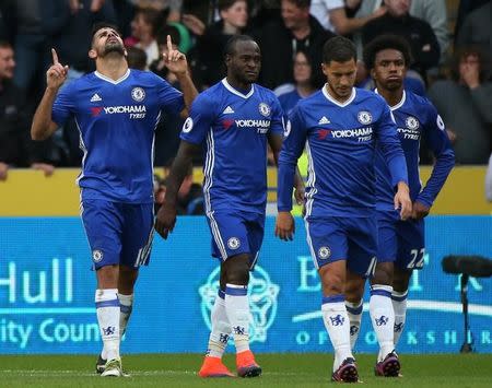 Britain Soccer Football - Hull City v Chelsea - Premier League - The Kingston Communications Stadium - 1/10/16 Chelsea's Diego Costa celebrates scoring their second goal with team mates Reuters / Scott Heppell Livepic