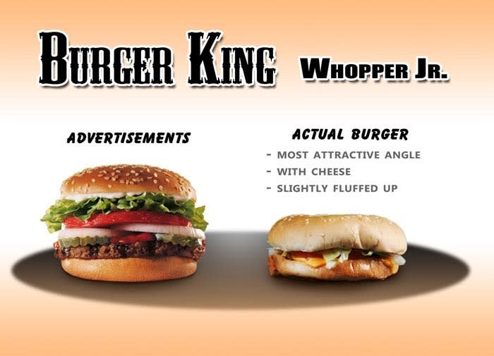 <b>Burger King Whopper Jr.</b><br> <br> The advertised burger vs. an actual Burger King Whopper Jr. <br> <br> (Image via <a href="http://www.alphaila.com/articles/failure/fast-food-false-advertising-vs-reality/" rel="nofollow noopener" target="_blank" data-ylk="slk:Dario D;elm:context_link;itc:0;sec:content-canvas" class="link ">Dario D</a>.)