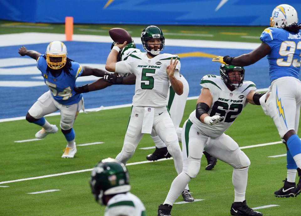 New York Jets quarterback Joe Flacco (5) throws a pass from the pocket during a game against the Los Angeles Chargers, Sunday, Nov. 22, 2020, in Inglewood, Calif.