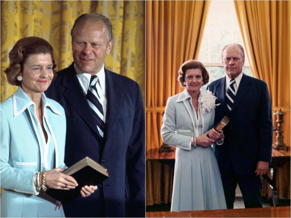 Side by side of a closeup of Betty in a baby blue and white blazer and skirt holding the bible next to Gerald next to a full-length shot of them in the Oval Office.