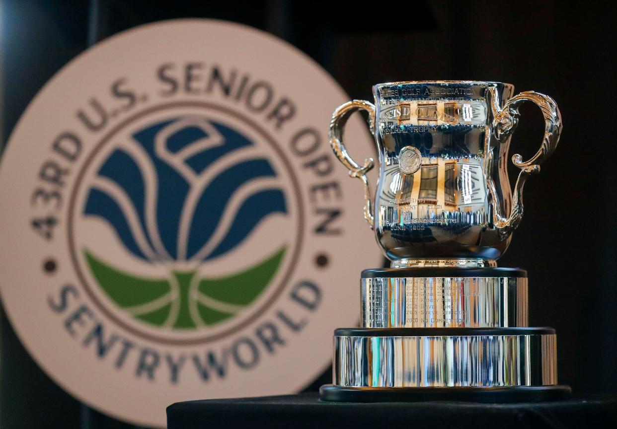 The Francis D. Ouimet Memorial Trophy is displayed during the 2023 U.S. Senior Open media day on May 15 at SentryWorld in Stevens Point. SentryWorld will host the tournament from June 29 to July 2.