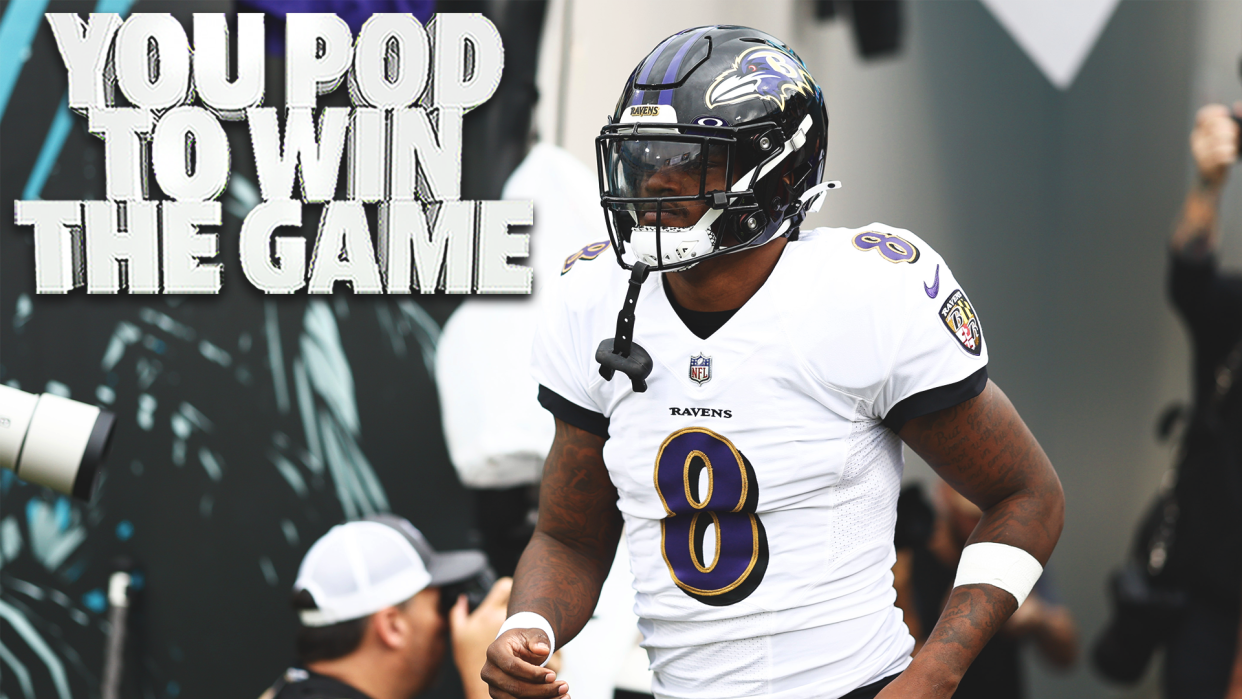 Nov 27, 2022; Jacksonville, Florida, USA; Baltimore Ravens quarterback Lamar Jackson (8) enters the field prior to the game against the Jacksonville Jaguars at TIAA Bank Field. Mandatory Credit: Douglas DeFelice-USA TODAY Sports